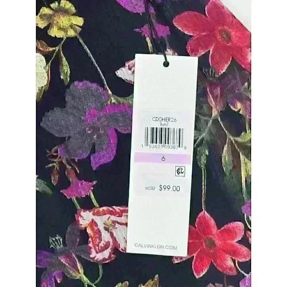 NEW! Calvin Klein Womens 6 V-Neck 3/4 Ruffle Sleeve Floral Chiffon Dress NWT $99 - Picture 5 of 5